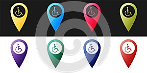 Set Disabled Handicap in map pointer icon isolated on black and white background. Invalid symbol. Wheelchair handicap