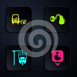 Set Disabled wheelchair, car, IV bag and Hearing aid. Black square button. Vector