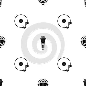 Set Disco ball, Microphone and Vinyl disk on seamless pattern. Vector