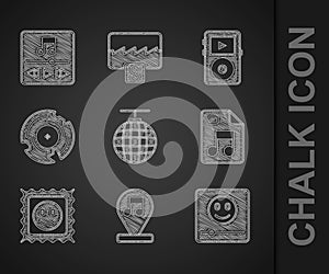 Set Disco ball, Music note, tone, player, MP3 file document, LSD acid mark, Vinyl disk, and icon. Vector