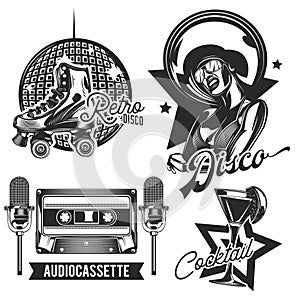 Set of disco emblems, labels, badges, logos. Isolated on white