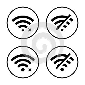 Set of disconnect wifi icon vector on circle line. Disconnected, lost wireless connection sign symbol