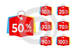 Set of discount coupon or shopping tag from 10 to 100 percent off price reduction badge promotion. Vector illustration.