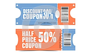 A set of discount coupons in red and blue