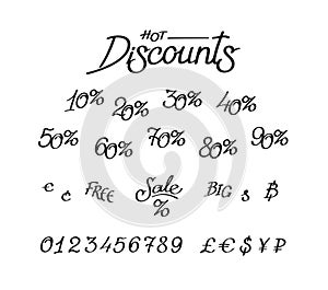A set of discounts, digits, currency signs. Vector lettering, calligraphy. An inscription for shops and price tags. Currency signs