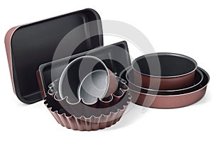 A set of dishes for baking and molds for pastry. Baking set isolated on white background
