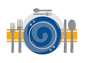 A set of dishes for eating. Blue plate with snowflakes, fork, knife and spoon, yellow napkin. Vector illustration