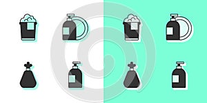 Set Dishwashing liquid bottle, Bucket with foam, Garbage bag and icon. Vector