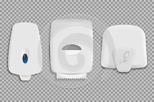 Set of dispensers paper towel, dispensers soap and hand dryer. Vector illustration