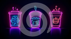 Set of disposable coffee cups illustration in neon style. Coffee to go or take away coffee concept. Recycling paper cups for hot