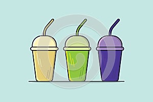Set of Disposable Plastic Beverage Cup with Straw for Soda, Juice, Coffee, Tea vector illustration.