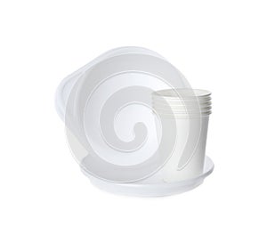 Set of disposable plastic dishware isolated