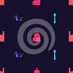 Set Disposable plastic spoon, Problem pollution of the ocean, Garbage bag and Plastic on seamless pattern. Vector