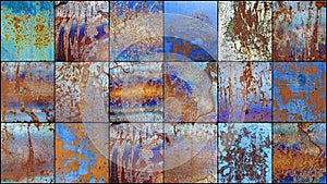 Set of distressed overlay texture of rusted peeled metal. On blue and gold  grunge background