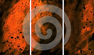 Set of disturbing grunge abstract watercolor backgrounds. Orange and gray scuffs and dark stains