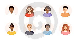 Set of diverse avatars of business team people. Collection of portraits of men and women in a round frame. Vector