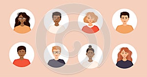 Set of diverse avatars of business team people. Collection of portraits of men and women in a round frame. Vector