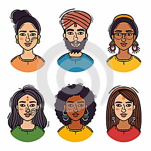Set diverse cartoon faces, ethnic representation, colorful attire. Illustration features six