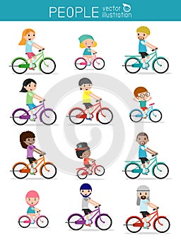 Set of diverse family riding bikes isolated on white background. Different nationalities and dress styles. Happy family riding bi