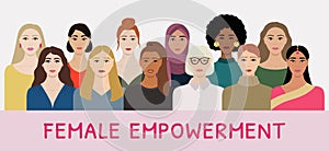Set of diverse female faces with different ethnics, skin colors, hairstyles. Women stay together for female empowerment, go girl