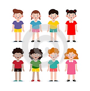 Set of diverse happy kids Standing isolated on white background. Different nationalities and dress styles. European children