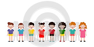 Set of diverse happy kids Standing isolated on white background. Different nationalities and dress styles. European children