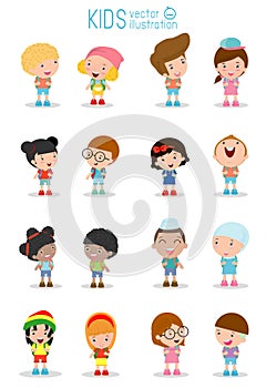 Set of diverse Kids and Different nationalities isolated on white background, Kids go to school, back to school, Cute cartoon chil