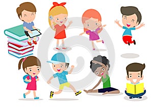 Set of diverse kids. Happy child character cartoon collection. activity in the kindergarten, reading books, playing, sport