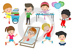 Set of diverse kids. Happy child character cartoon collection. activity in the kindergarten, reading books, playing, sport