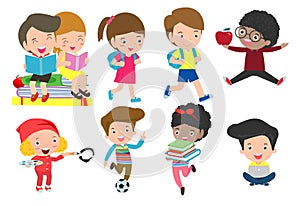 Set of diverse kids. Happy child character cartoon collection. activity in the kindergarten, reading books, playing, sport