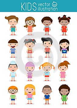 Set of diverse kids isolated on white background.Different nationalities and dress styles