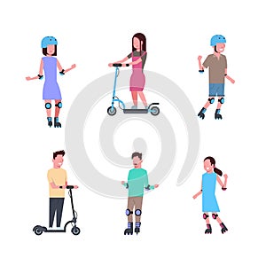 Set diverse kind sport boy girl riding over white background. cartoon full length character. flat style