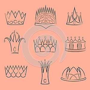 Set with Diverse Outlined Fantasy Crown Contours