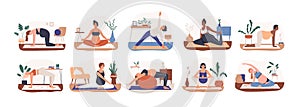 Set of diverse pregnant woman practicing yoga vector flat illustration. Collection of active future mothers doing