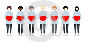 Set of diverse race vector women holding hearts. Valentine Day sisterhood cute and simple modern flat style
