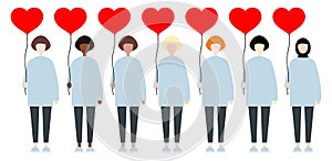 Set of diverse race vector women holding red balloon hearts. Valentine Day sisterhood cute and simple modern flat style