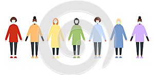 Set of diverse race vector women in rainbow clothes wearing masks. Nurse scrubs clothes. Flat style vector image. Doctors during