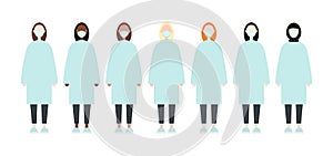 Set of diverse race vector women wearing masks. Nurse scrubs clothes. Flat style vector image. Doctors during pandemic of