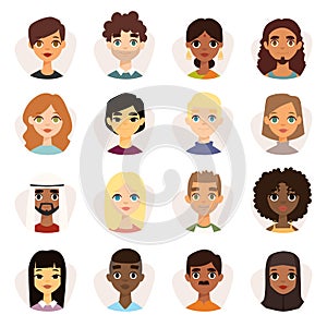 Set of diverse round avatars with facial features different nationalities, clothes and hairstyles.