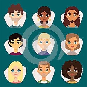 Set of diverse round avatars with facial features different nationalities clothes and hairstyles people characters