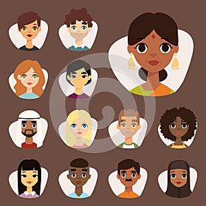 Set of diverse round avatars with facial features different nationalities clothes and hairstyles people characters
