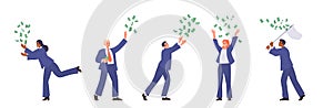 Set of diverse successful business people characters catching money standing under falling cash rain