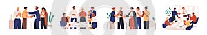 Set of diverse team congratulates colleague vector flat illustration. Collection of people celebrate career development