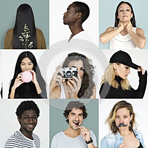 Set of Diversity People Face Expression Lifestyle Studio Collage