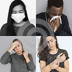 Set of Diversity People with Health Sickness Studio Collage