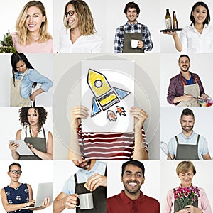 Set of Diversity Startup Small Business People Studio Collage