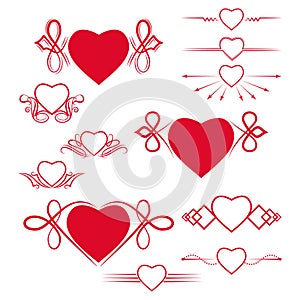 Set of dividers with the image of the heart. Vector