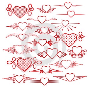 Set of dividers with the image of the heart. Vector