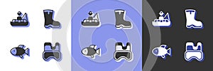 Set Diving mask, Fisherman boat, and Fishing boots icon. Vector