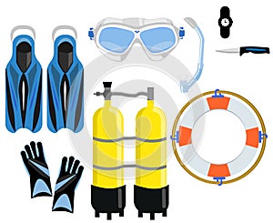 A set for diving - a mask with a tube, balloons with air, a knife, a watch, fins